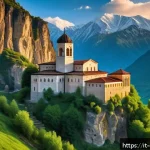 Home 18 조지아 정교회의 역사 - A majestic medieval Georgian Orthodox monastery perched on a rugged mountain cliff during golden hou...