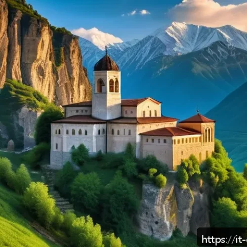Home 30 조지아 정교회의 역사 - A majestic medieval Georgian Orthodox monastery perched on a rugged mountain cliff during golden hou...