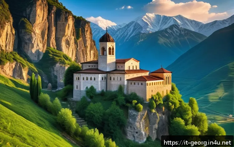 조지아 정교회의 역사 - A majestic medieval Georgian Orthodox monastery perched on a rugged mountain cliff during golden hou...