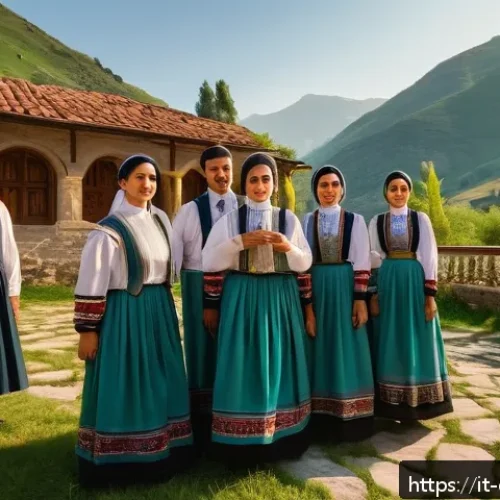 Home 17 조지아 민속 음악 다운로드 - A traditional Georgian polyphonic choir performing outdoors in a lush mountainous village setting du...