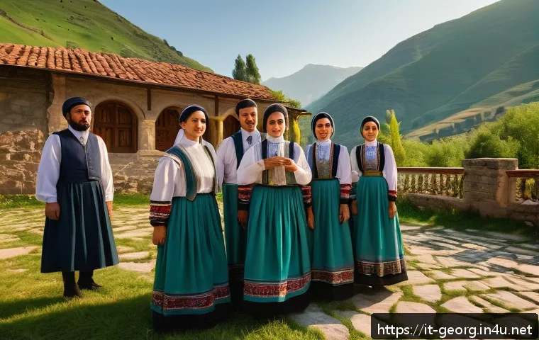 조지아 민속 음악 다운로드 - A traditional Georgian polyphonic choir performing outdoors in a lush mountainous village setting du...
