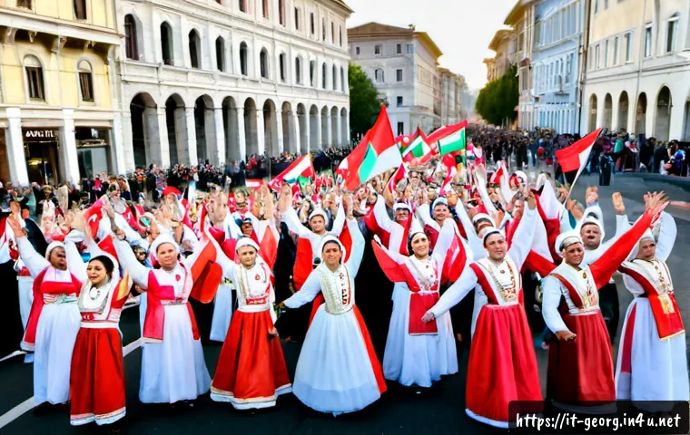 조지아 독립 기념일 행사 - Photorealistic Georgia Independence Day celebration on Rustaveli Avenue in Tbilisi, wide street-leve...