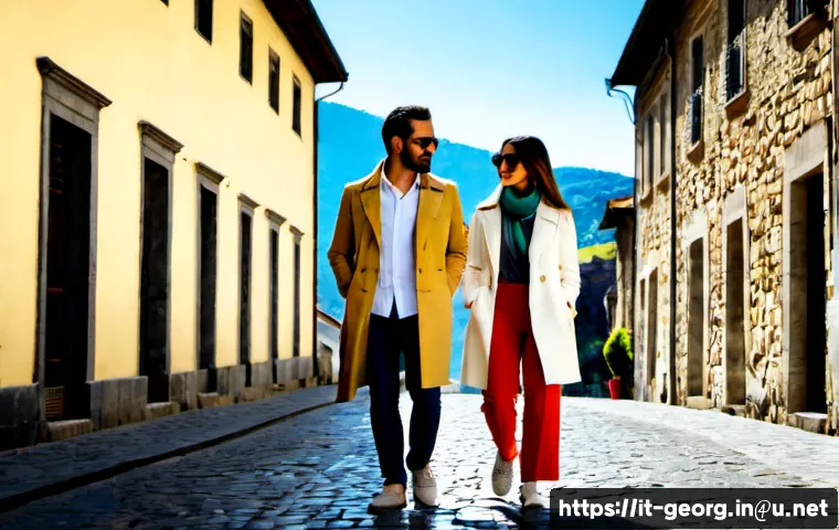 Home 17 조지아의 기후와 계절별 옷차림 - Photorealistic split-season travel scene in Georgia, Caucasus: a stylish Italian couple in Tbilisi’s...