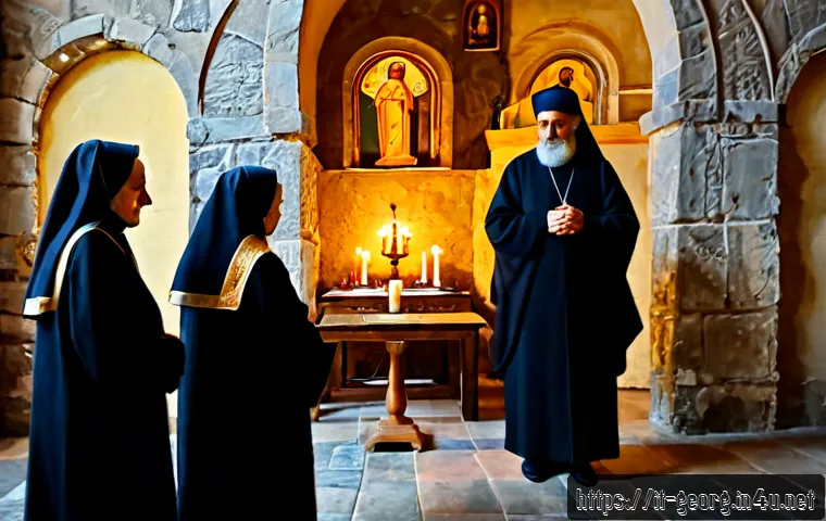 Home 30 조지아의 종교와 신앙 - Photorealistic interior of a historic Georgian Orthodox church in Tbilisi, elderly and middle-aged w...